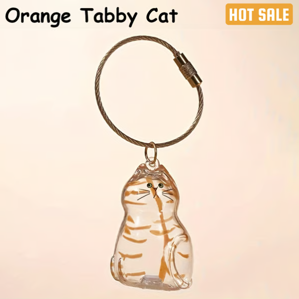 CC+Tea pet hair memorial capsule keychain with a clear capsule displaying pet hair and a silver keyring for key attachment.