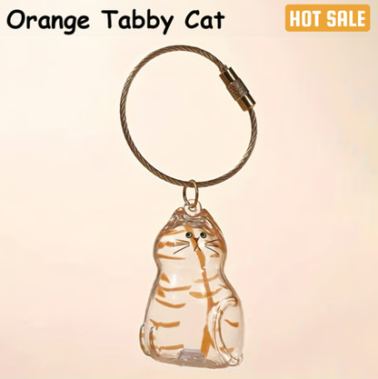 CC+Tea pet hair memorial capsule keychain with a clear capsule displaying pet hair and a silver keyring for key attachment.