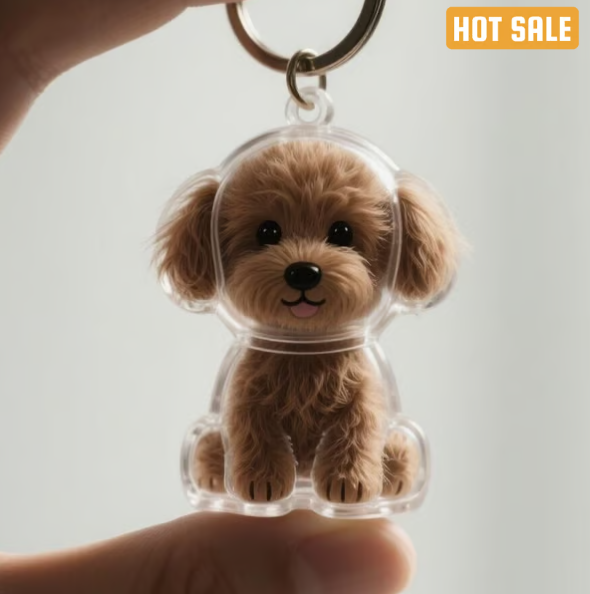 Pet Hair Memorial Capsule Keychain by CC+Tea, featuring a small clear capsule with pet hair inside, attached to a keyring.